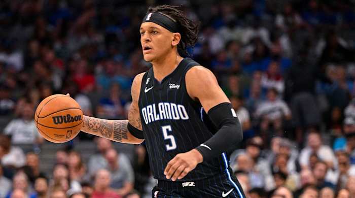 Oct 7, 2022; Dallas, Texas, USA; Orlando Magic forward Paolo Banchero (5) in action during the game between the Dallas Mavericks and the Orlando Magic at the American Airlines Center.